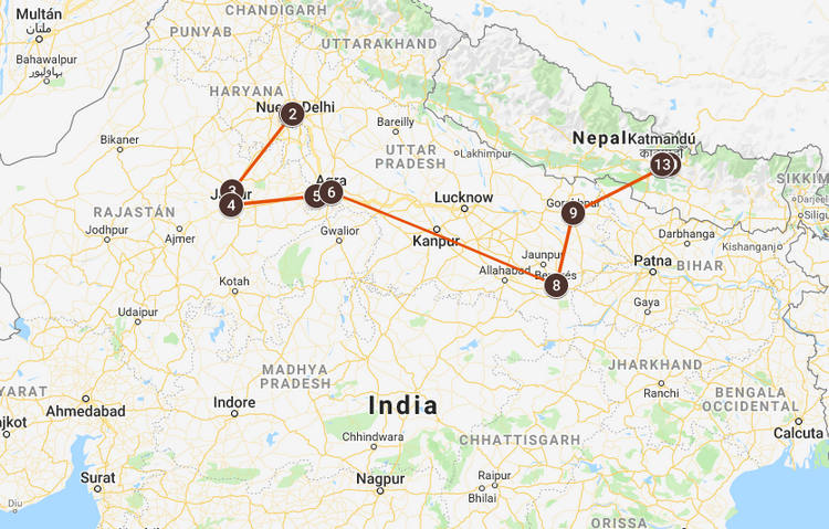 Mapa del viaje a India y Nepal