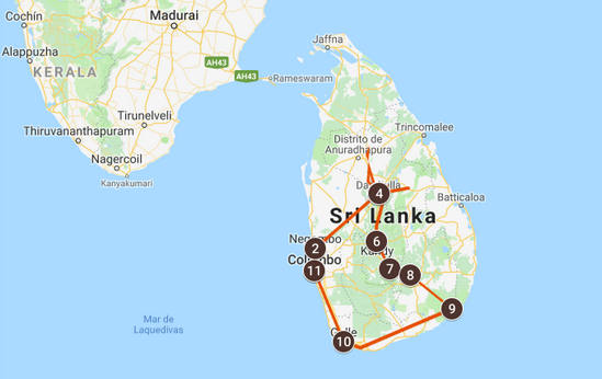 Mapa del Viaje a Sri Lanka