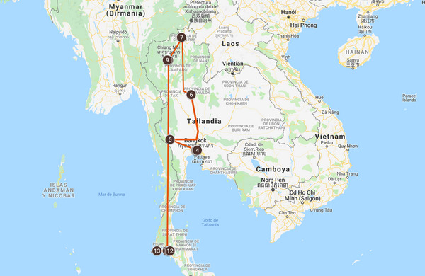 Mapa del viaje a Tailandia, triángulo del oro y playas de Krabi