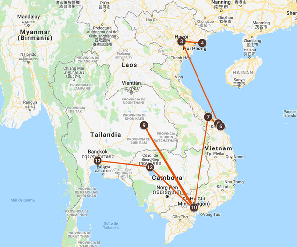 Mapa del viaje a Vietnam y Camboya