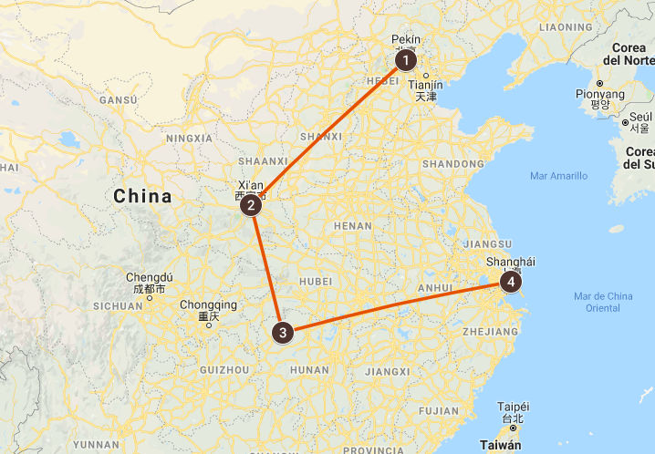Mapa del viaje a China y la ruta del Avatar