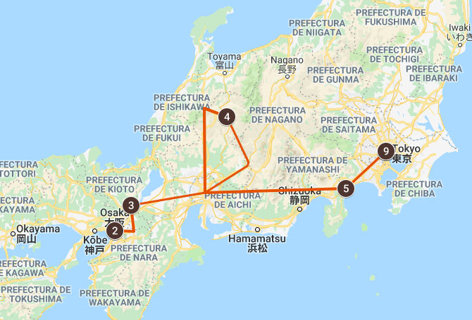 Mapa del viaje a Japón de Chelo y su familia